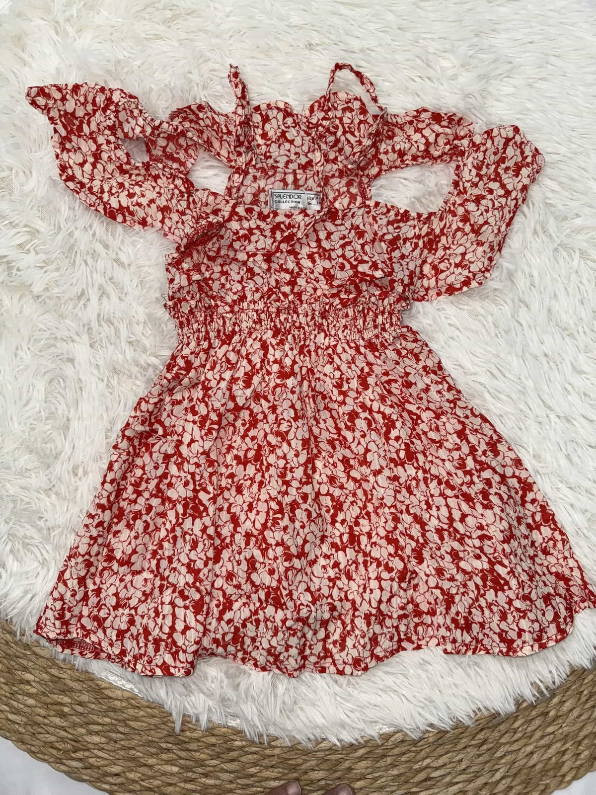 Red Floral Cold Shoulder Dress – Girl (Ruffle Neckline)