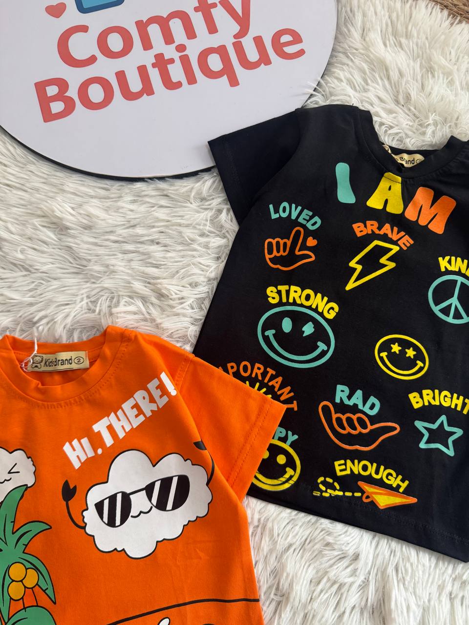 (PACK OF TWO).               Boys Printed Cotton T-Shirt – Summer Casual Graphic Tee for Kids | Orange & Black | KB014B
