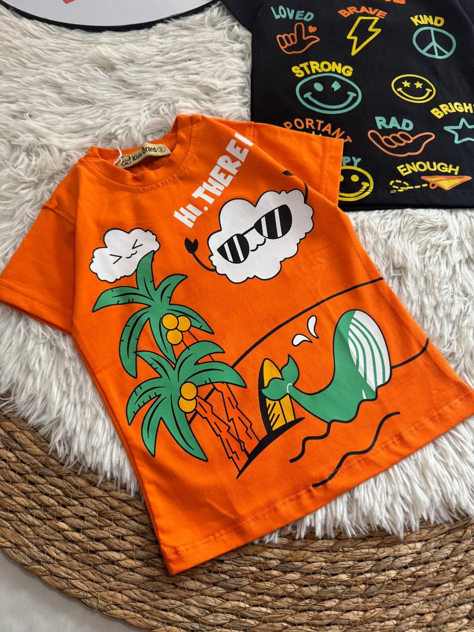 (PACK OF TWO).               Boys Printed Cotton T-Shirt – Summer Casual Graphic Tee for Kids | Orange & Black | KB014B