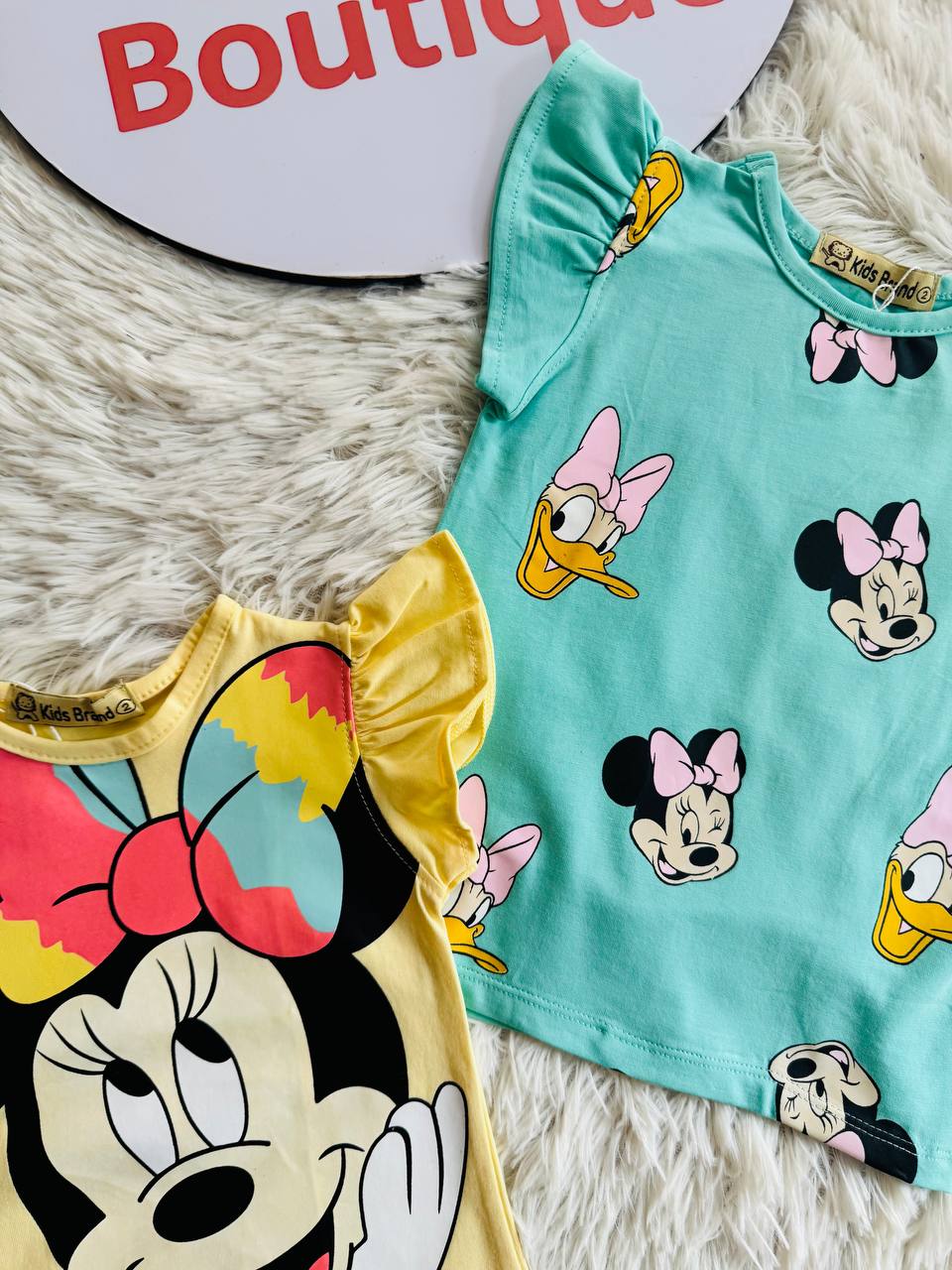 (PACK OF TWO).               Girls Disney Minnie Mouse Cotton Flutter Sleeve T-Shirt – Summer Casual Kids Top | Yellow & Mint | KB012G