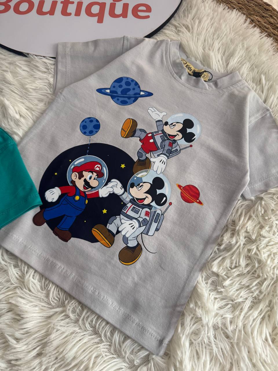 (PACK OF TWO)                Boys Disney Mickey Mouse Printed Cotton T-Shirt – Summer Casual Kids Tee | Grey & Green|  KB015B