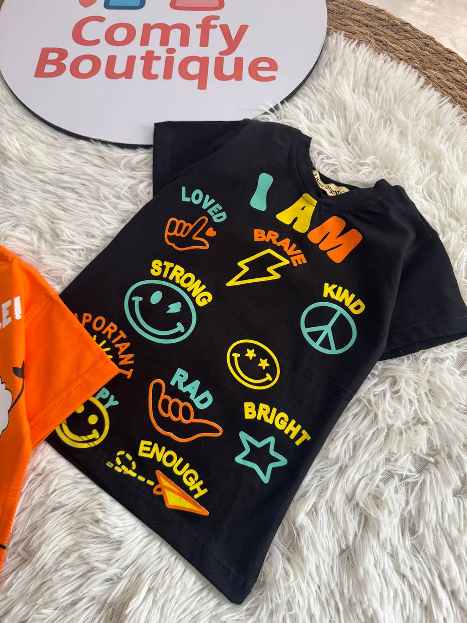 (PACK OF TWO).               Boys Printed Cotton T-Shirt – Summer Casual Graphic Tee for Kids | Orange & Black | KB014B