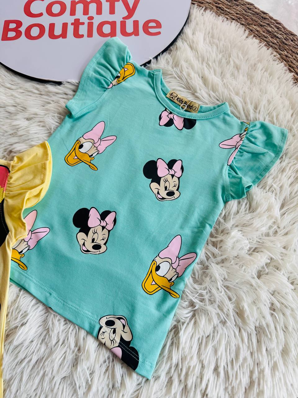 (PACK OF TWO).               Girls Disney Minnie Mouse Cotton Flutter Sleeve T-Shirt – Summer Casual Kids Top | Yellow & Mint | KB012G