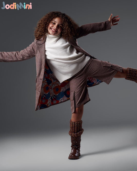 Girls 2-Piece Brown Herringbone Tweed Blazer & Pants Suit Set