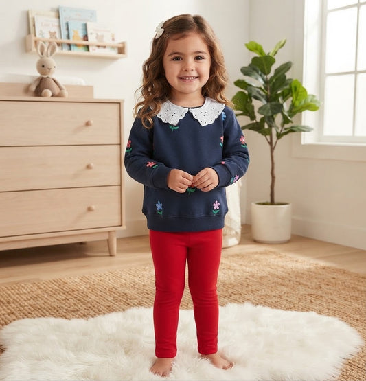 Girls' Embroidered Flower Collar 2-Piece Set – Navy Sweatshirt & Red Leggings : KZ2-004G
