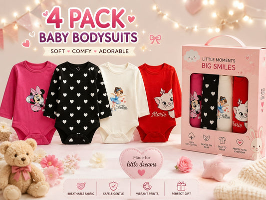 Baby 4-Piece Long Sleeve Bodysuits Set – Soft Cotton, Cute Prints : VA1-003