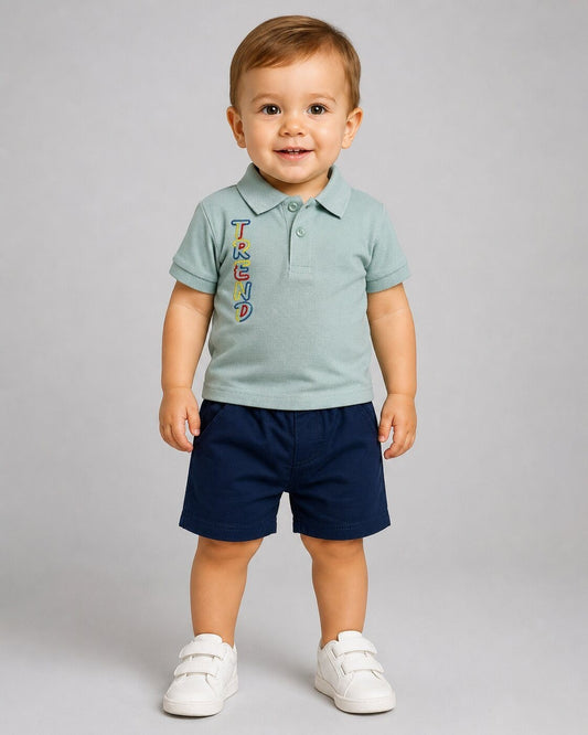 Lettered Light Blue Polo Shorts Set – Boy (Polo Collar)