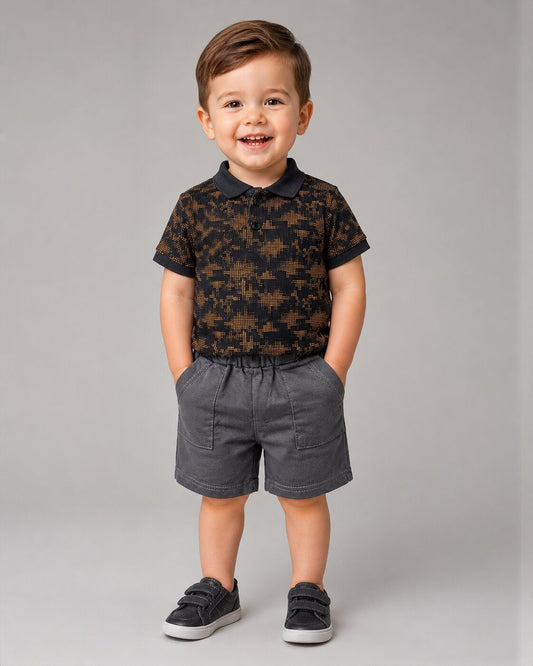Patterned Black Polo Shorts Set – Boy (Contrast Gray Shorts)