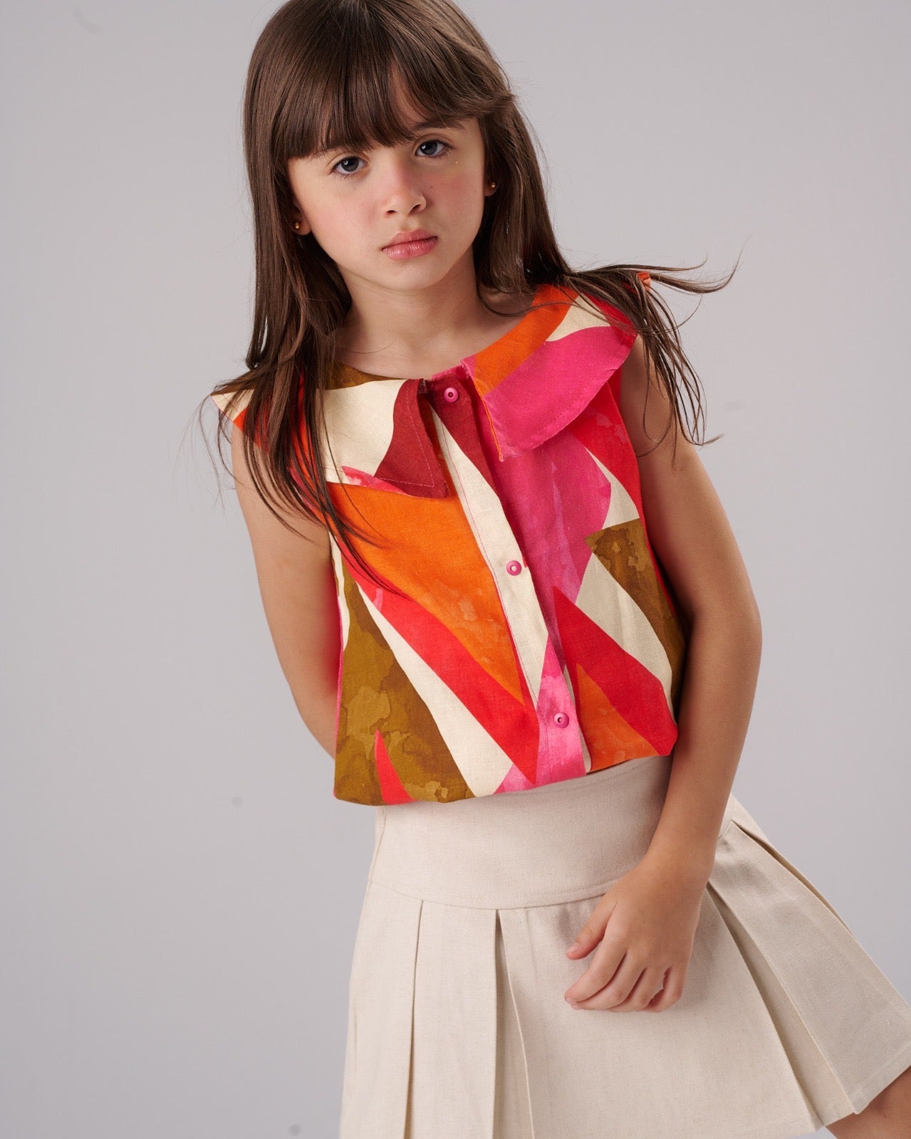 Girls Colorful Printed Sleeveless  TShirt Summer Cotton Outfit with Peter Pan Collar | JM5206