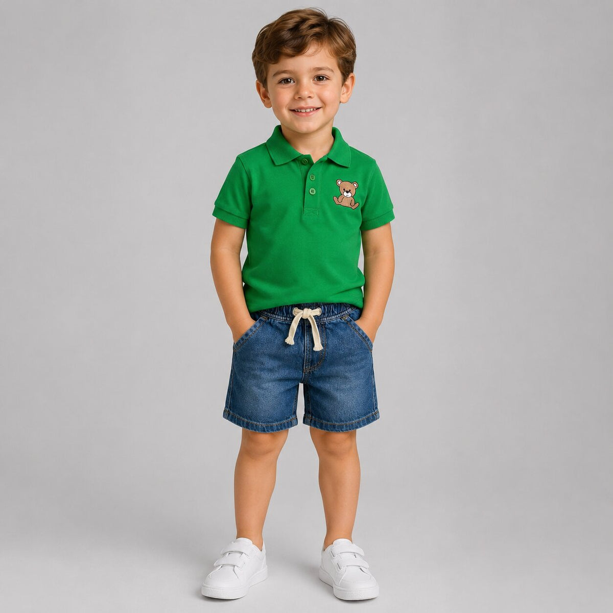 Boys Green Polo Shirt & Denim Shorts Set – Soft Cotton Summer Outfit with Bear Embroidery – Casual Kids Clothing