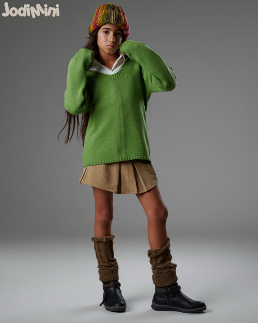 Girls’ V-Neck Knit Sweater – Olive Green