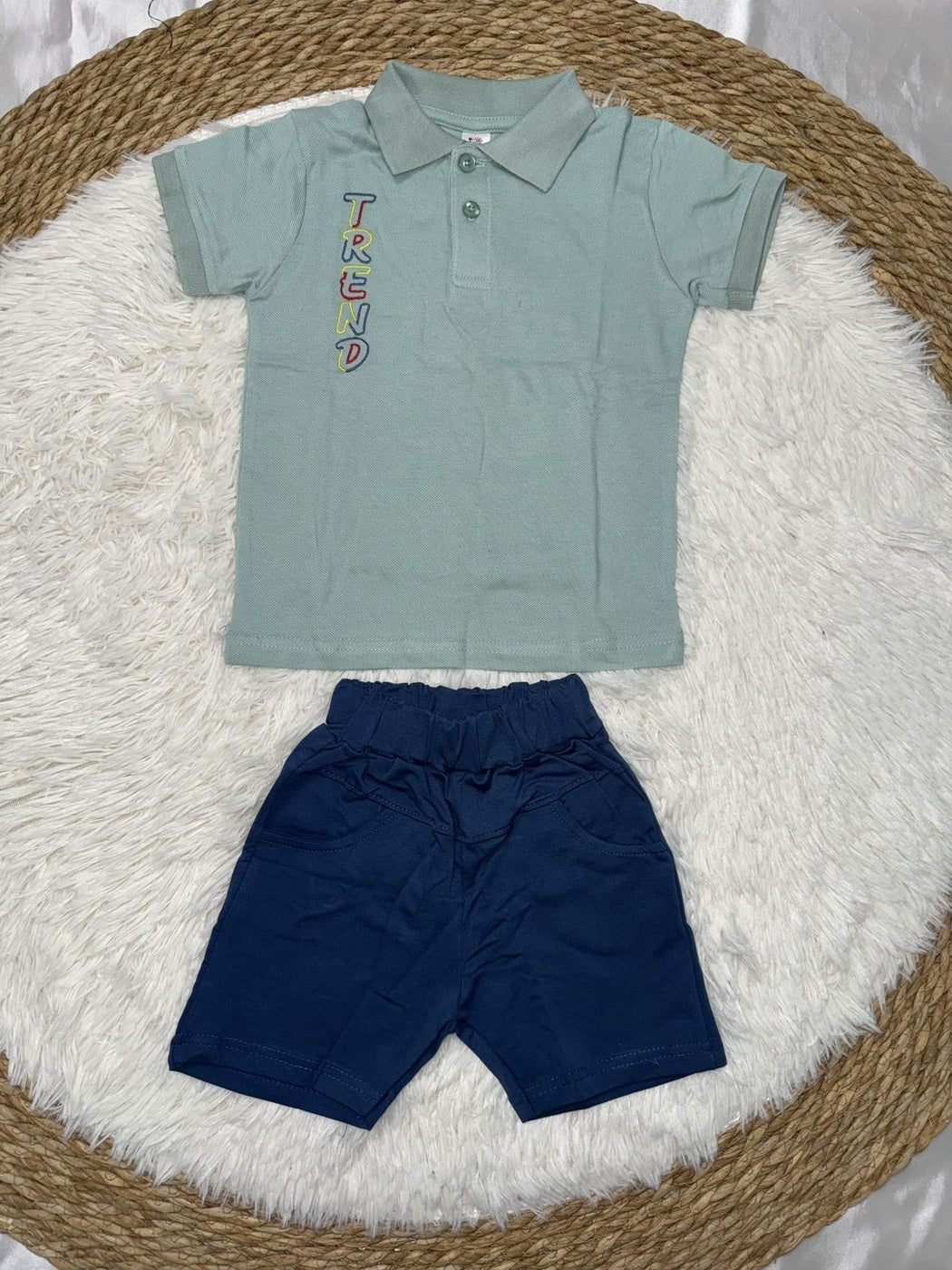 Lettered Light Blue Polo Shorts Set – Boy (Polo Collar)