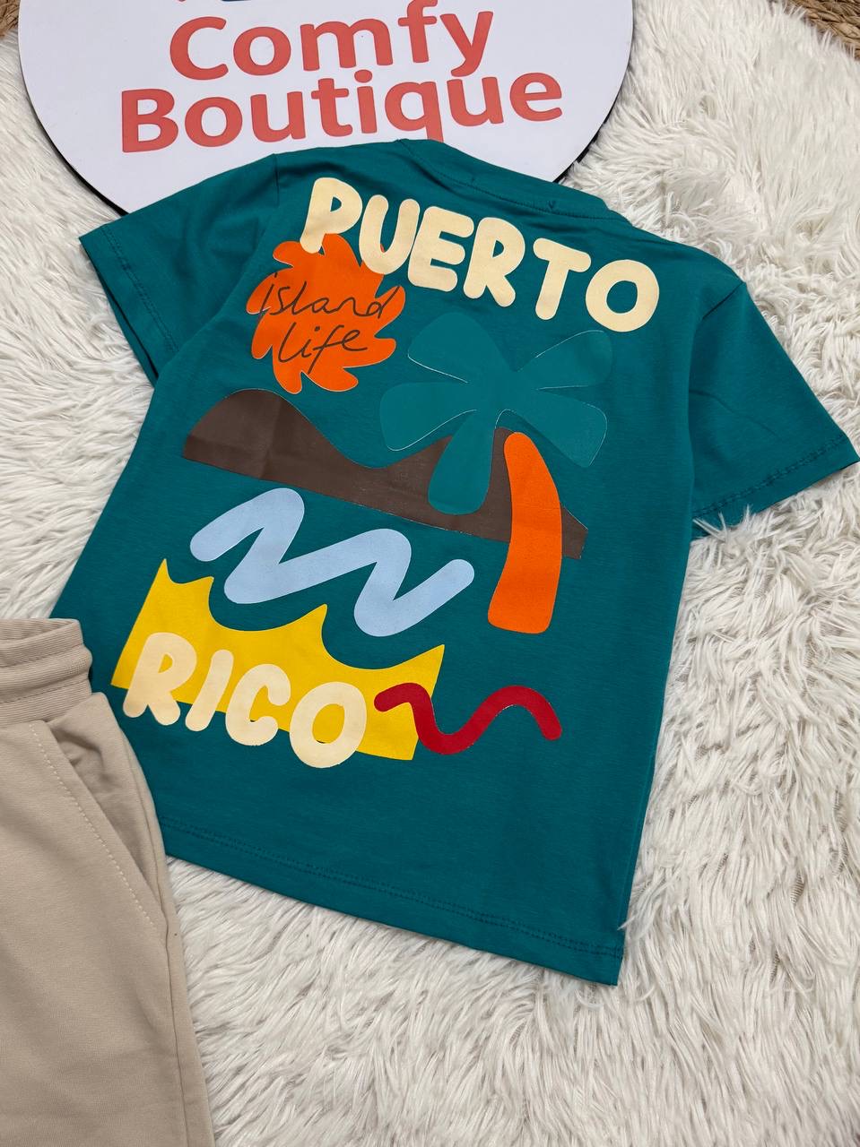 Boys Summer Set – Teal Puerto Rico T-Shirt & Beige Shorts CZKB024