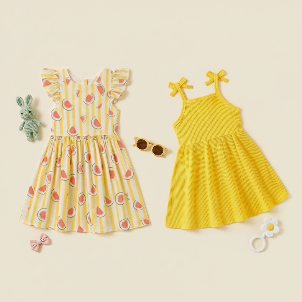 (PACK OF TWO).               Girls Summer Cotton Dress – LI011G - Watermelon Print & Solid Yellow Sleeveless Casual Dress |LI011G