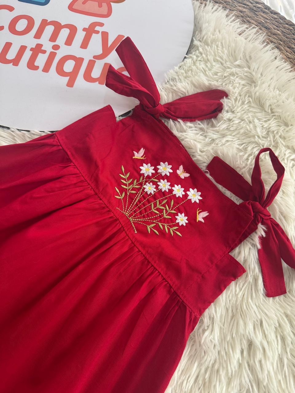 Red Floral Embroidered Girls’ Dress with Shoulder Bow Straps|BQ014G