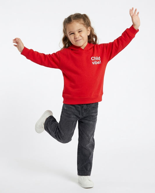 Girls 2-Piece Red "Child Vibe!" Hoodie & Dark Grey Denim Jeans Set