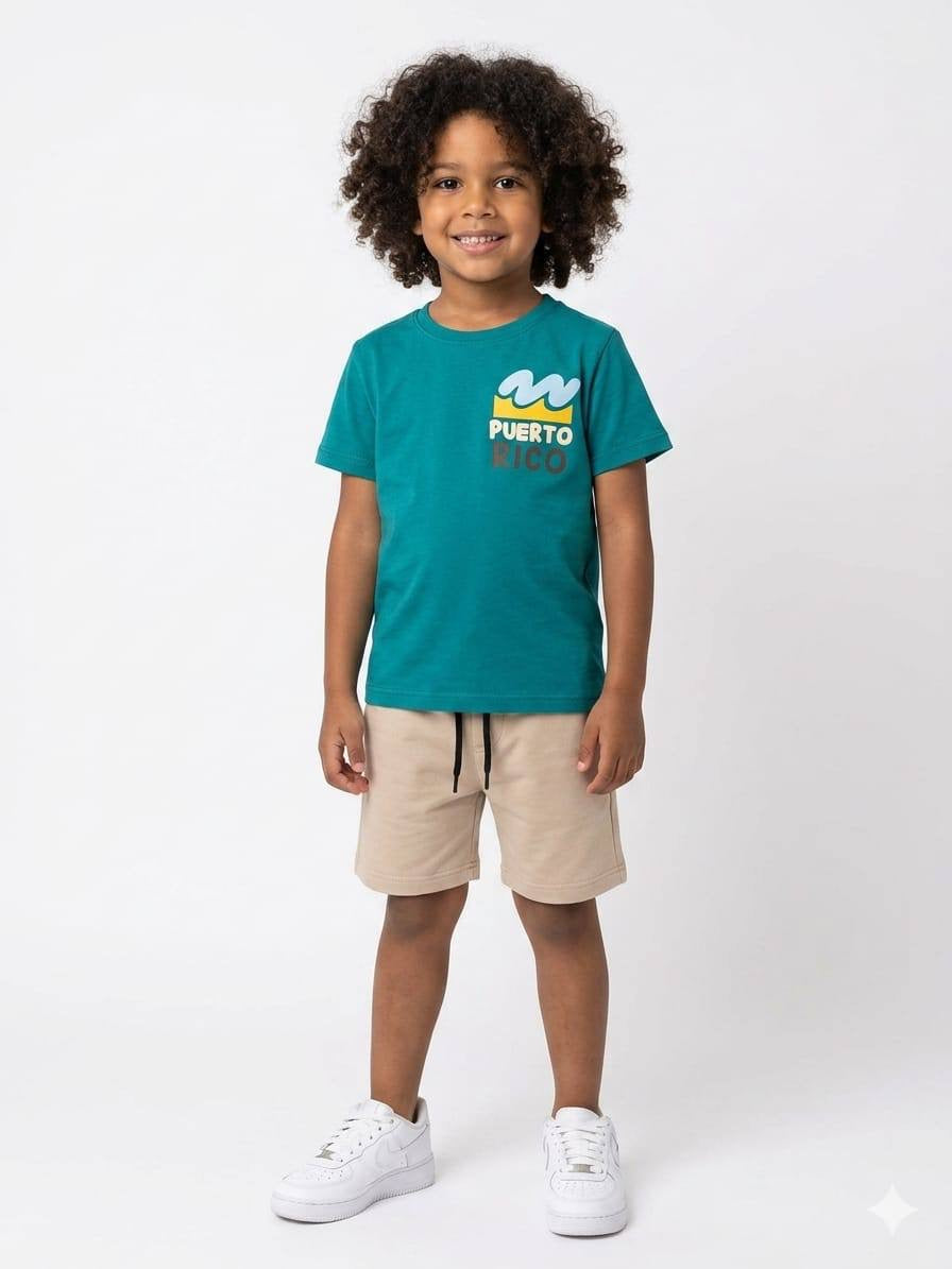 Boys Summer Set – Teal Puerto Rico T-Shirt & Beige Shorts CZKB024