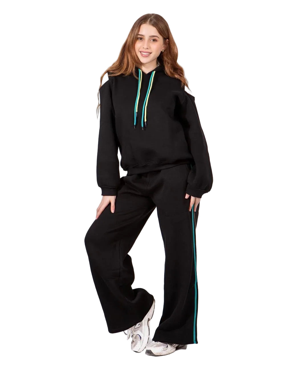 Black & Green Girls’ Cut-Out Hoodie & Wide-Leg Pants Set : YM2-006G