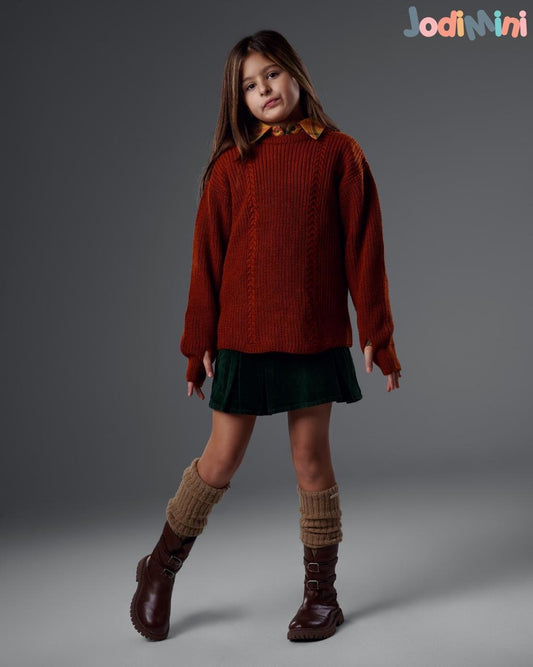 Girls’ Cable Knit Sweater – Rust Brown