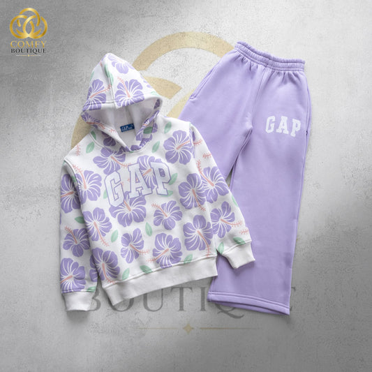 GP Kids Girls’ Floral Print Hoodie & Wide-Leg Pants Set – Purple