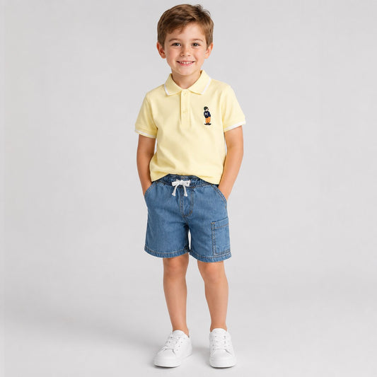 Boys Polo Shirt & Light Denim Shorts Set – Soft Cotton Polo with Embroidered Detail – Casual Summer Outfit – Yellow & Blue
