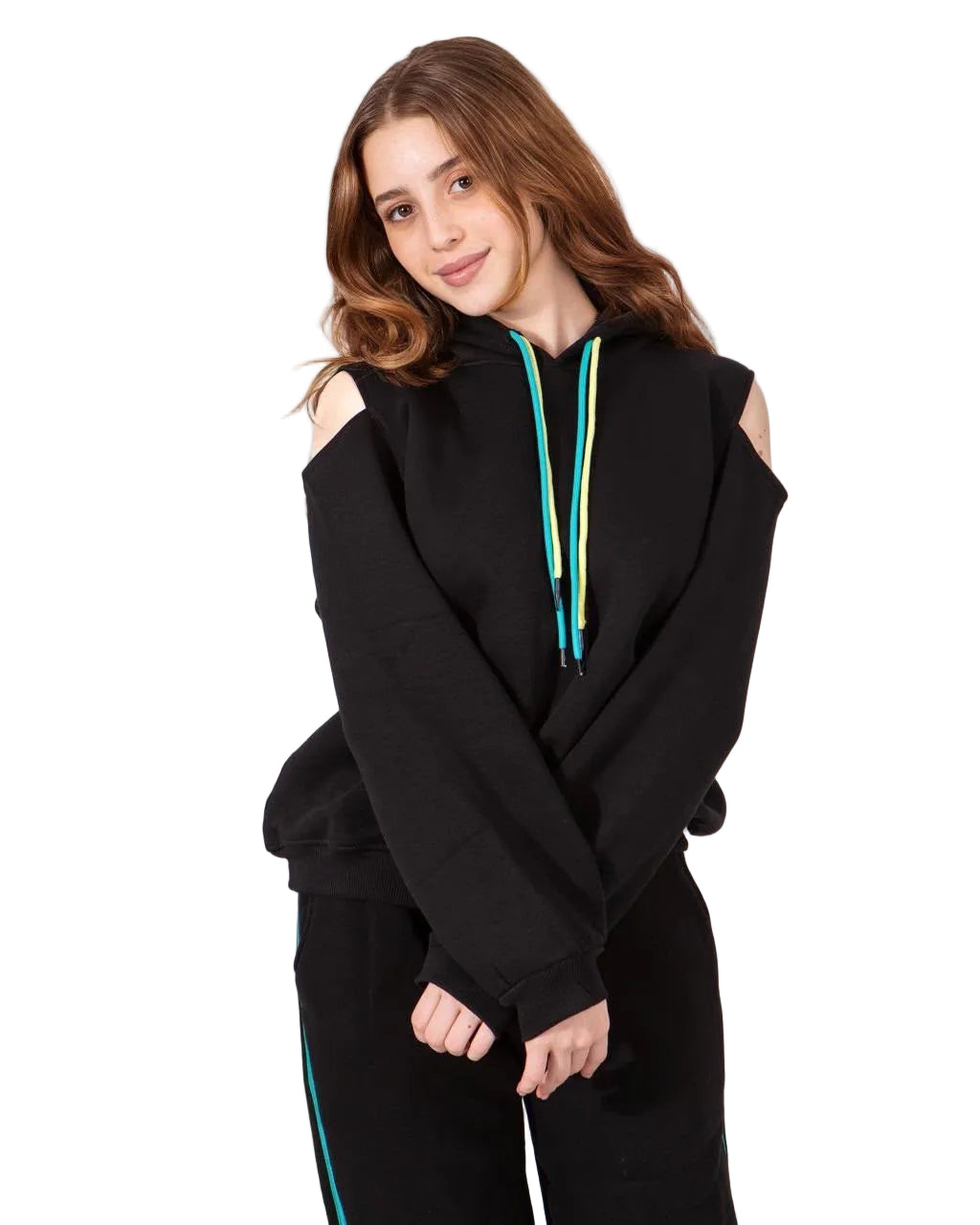 Black & Green Girls’ Cut-Out Hoodie & Wide-Leg Pants Set : YM2-006G
