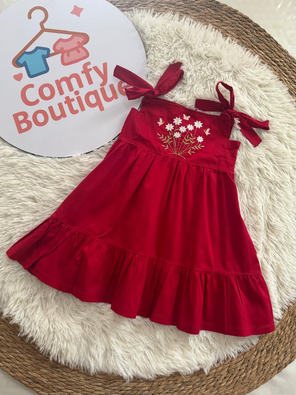 Red Floral Embroidered Girls’ Dress with Shoulder Bow Straps|BQ014G