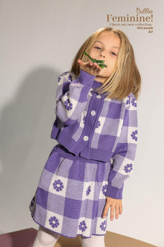 Girls 2-Piece Purple Floral Plaid Knitwear Set – Cardigan & Pleated Skirt