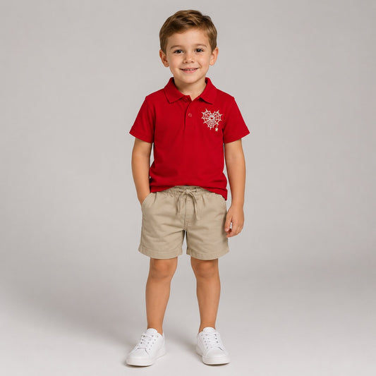 Boys Red Polo Shirt & Khaki Shorts Set – Soft Cotton Summer Outfit with Spider Web Embroidery – Smart Casual Kids Clothing