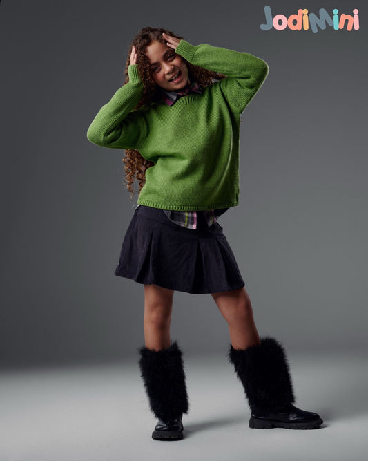Girls' Ribbed Pleated Skirt – Dark Gray