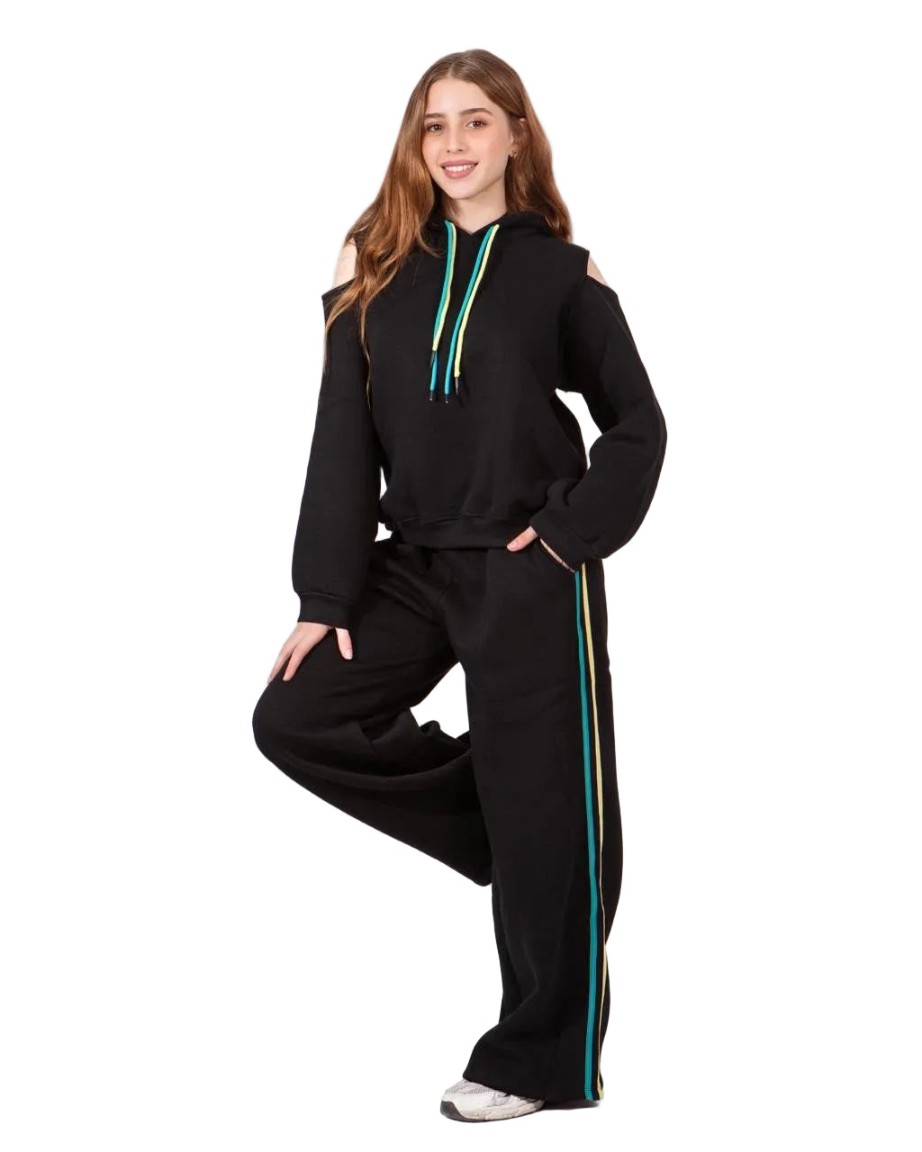 Black & Green Girls’ Cut-Out Hoodie & Wide-Leg Pants Set : YM2-006G