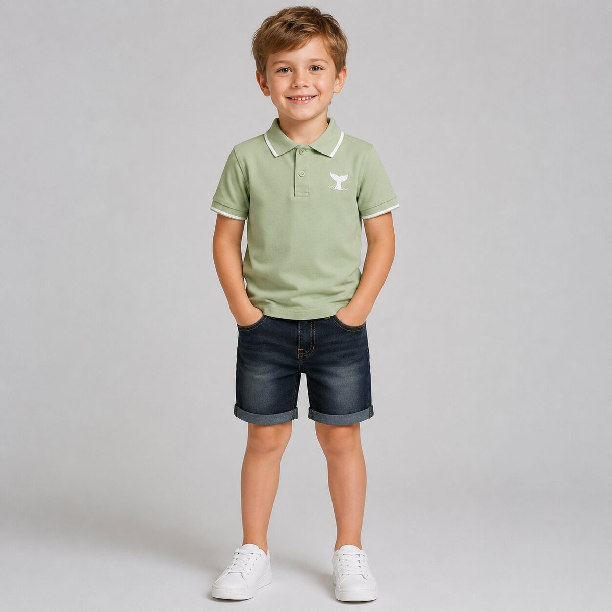 Boys Polo Shirt & Denim Shorts Set – Sage Green Cotton Polo with Dark Denim Shorts – Smart Casual Summer Outfit