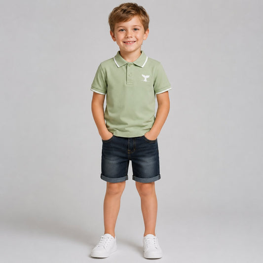Boys Polo Shirt & Denim Shorts Set – Sage Green Cotton Polo with Dark Denim Shorts – Smart Casual Summer Outfit