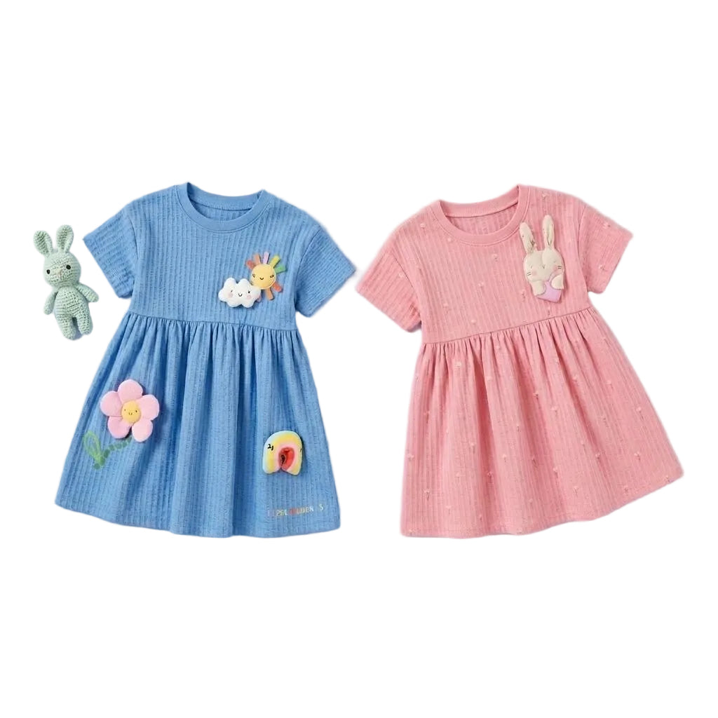 (PACK OF TWO).               Girls Summer Cotton Dress with 3D Applique LI014G – Soft Casual Dress for Kids | LI014G