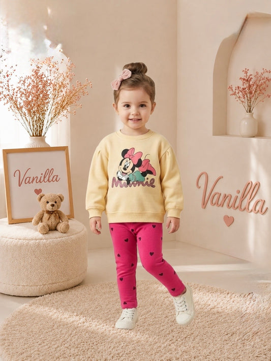 Girls' Minnie Mouse Yellow Fleece Sweatshirt & Heart Print Pants Set : VA5-004G