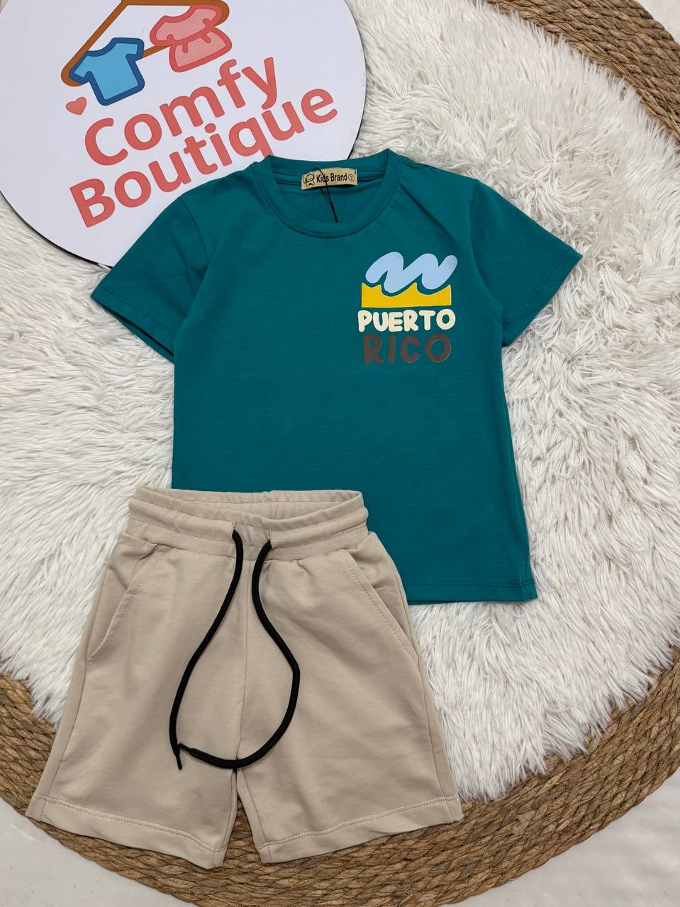 Boys Summer Set – Teal Puerto Rico T-Shirt & Beige Shorts CZKB024