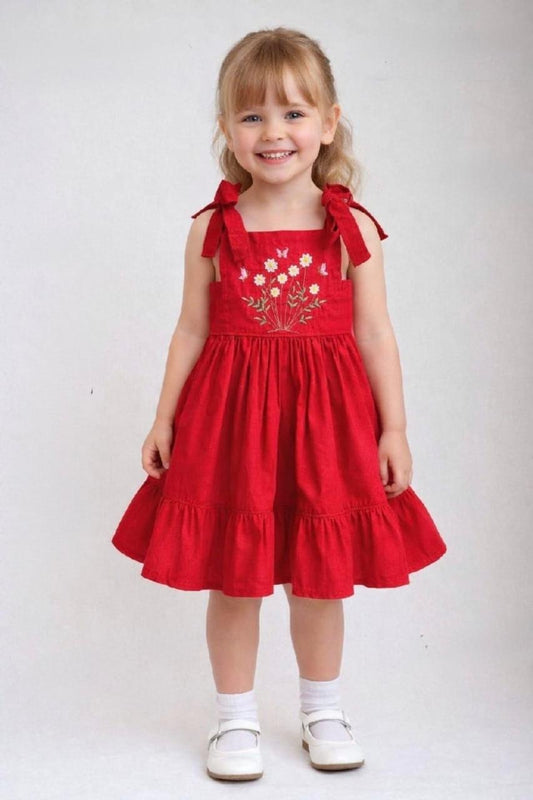 Red Floral Embroidered Girls’ Dress with Shoulder Bow Straps|BQ014G