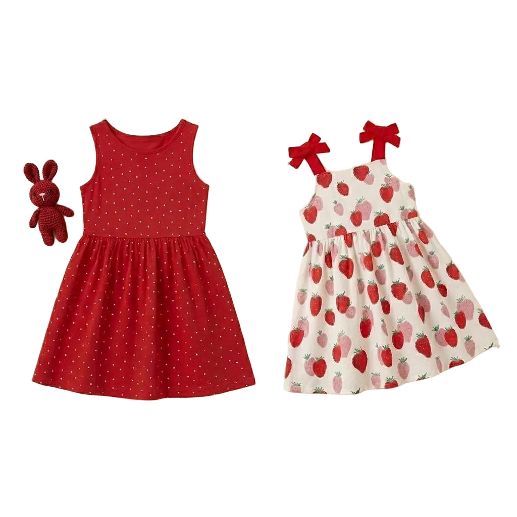 (PACK OF TWO).                Girls Summer Sleeveless Dress LI012G – Polka Dot & Strawberry Print | Soft Cotton Casual Dress|LI012G