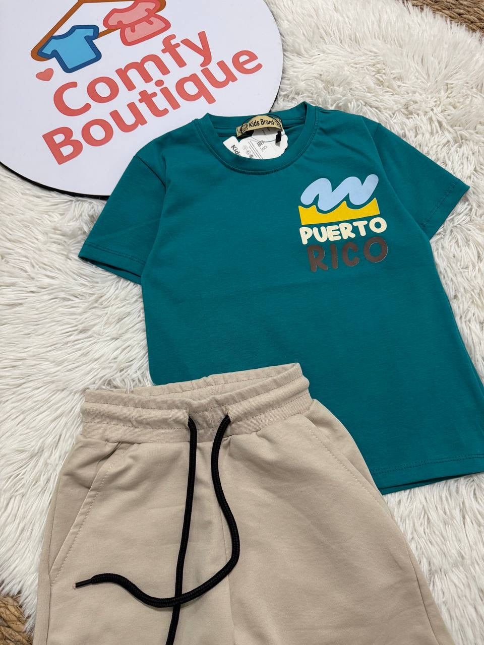Boys Summer Set – Teal Puerto Rico T-Shirt & Beige Shorts CZKB024