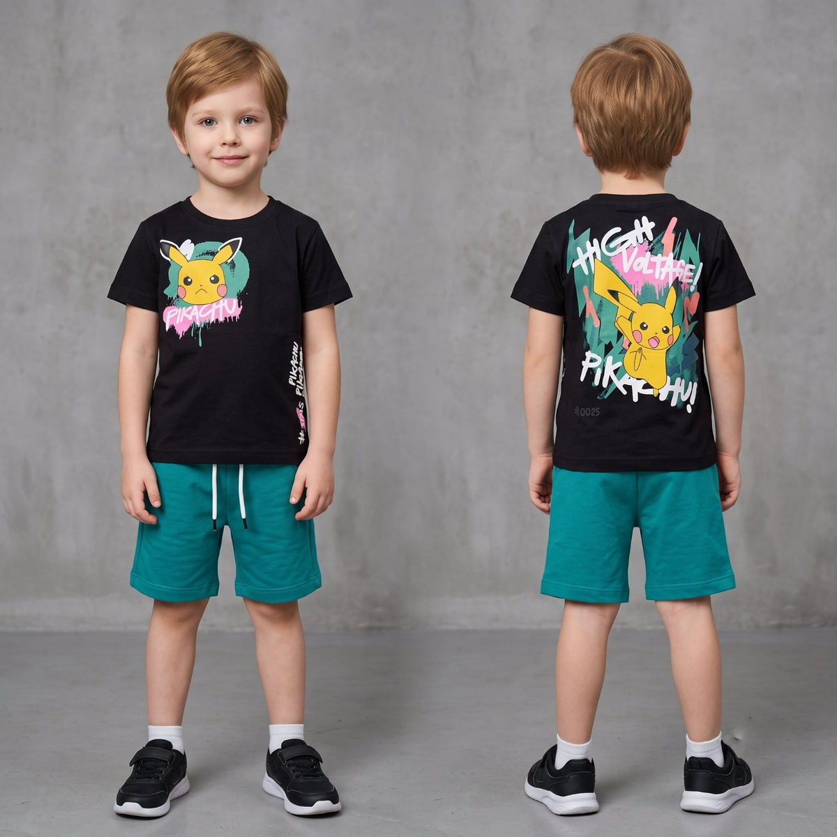 Boys Pokémon Pikachu Summer Outfit Set – Black Graphic T-Shirt & Green Shorts – Soft Cotton Casual Kids Clothing