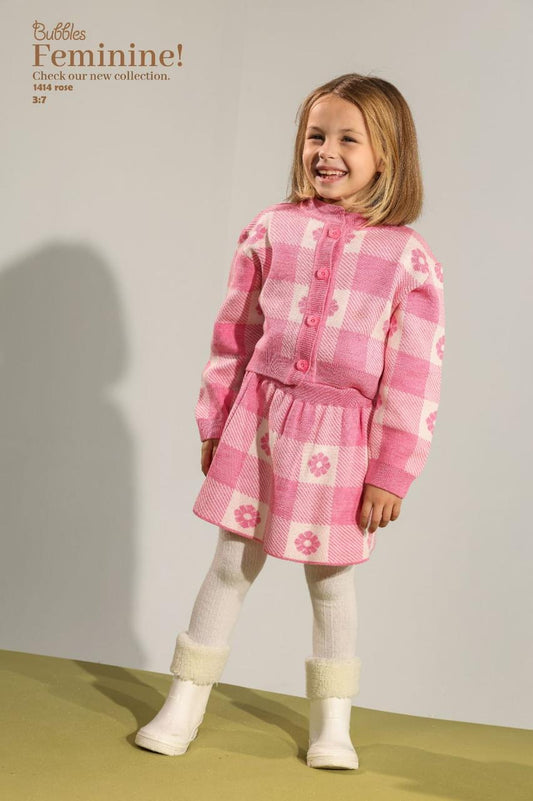Girls 2-Piece Pink Floral Plaid Knitwear Set – Cardigan & Pleated Skir