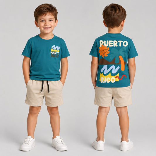 Boys Summer Set – Teal Puerto Rico T-Shirt & Beige Shorts