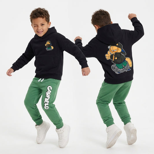 Boys Garfield Graphic Hoodie & Joggers Set – Black & Green