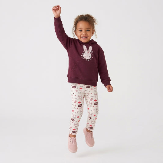 Girls 2-Piece Burgundy Bunny Hoodie & Printed Leggings Set