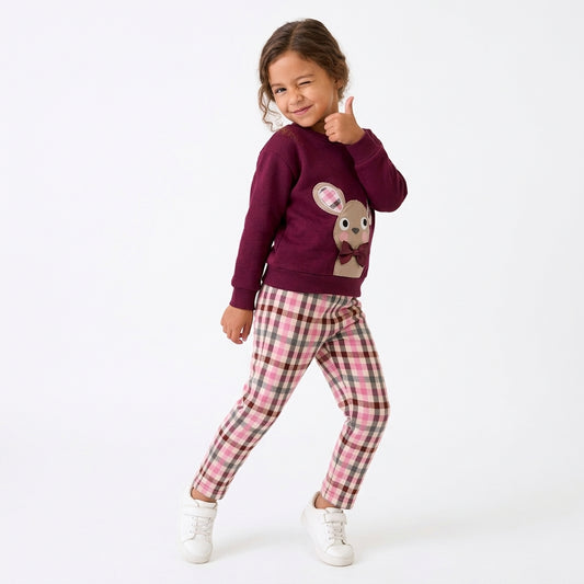 Girls 2-Piece Outfit – Cute Bunny Sweatshirt with Pink Checkered Pants