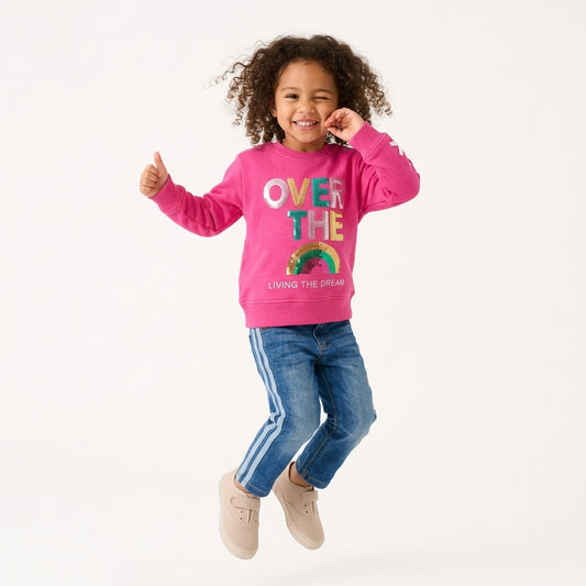 Girls 2-Piece "Over The Rainbow" Pink Sweatshirt & Denim Jeans Set