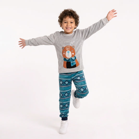 Boys’ Gray Pajama Set – Cute Bear Print & Cozy Winter Pants
