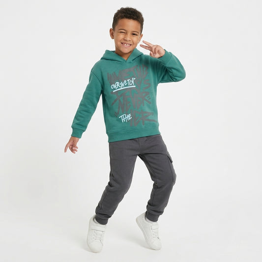 Boys' Teal "Over the Top" Graffiti Hoodie and Charcoal Grey Cargo Joggers Set – 2 Pieces