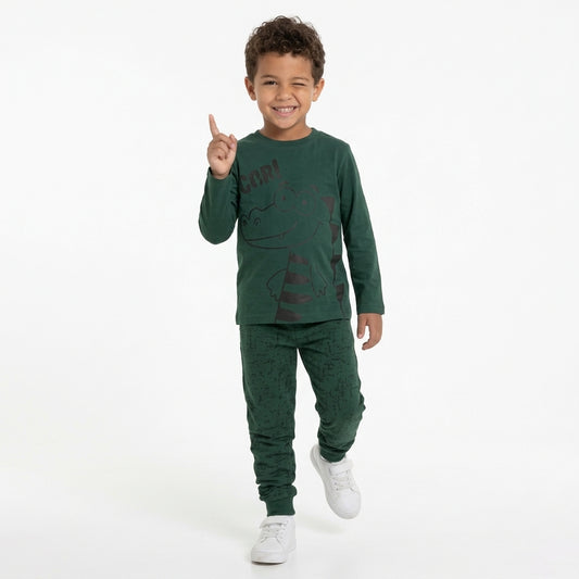 Boys Crocodile Printed Long Sleeve Cotton Pajama Set – Dark Green