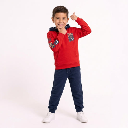Boys Red & Navy Graphic Pullover Hoodie & Pants Tracksuit Set